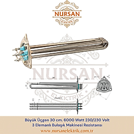 Büyük Üçgen 30 cm. 6000 Watt 230/230 Volt  3 Elemanlı Bulaşık Makinesi Rezistansı